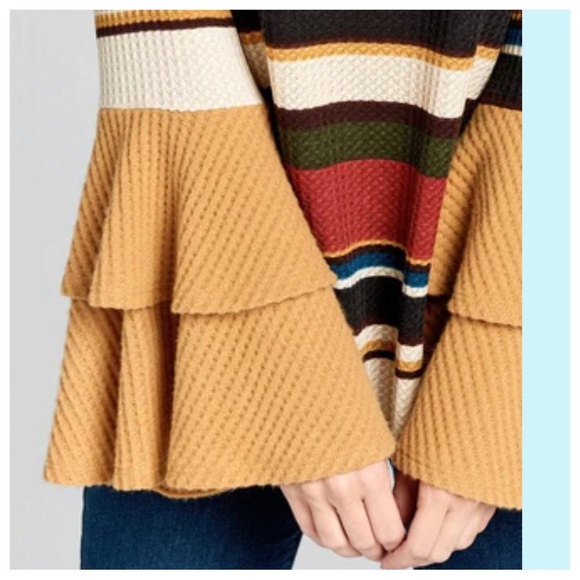 Boho Chic Color Block Multi Stripes Bell Layered Sleeves Top - Picture 3 of 5